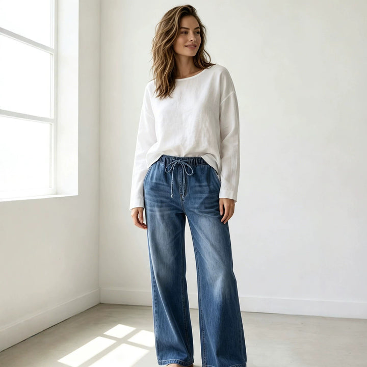 Damen nan Relaxed-Fit Denim-Hose mit elastischem Tunnelzugbund, dezentem Used-Effekt und weitem Bein Drune