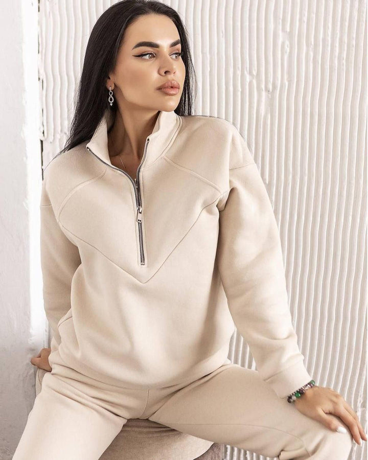 Damen Zweiteiliges Sweat-Loungewear-Set mit Troyer-Reißverschluss und elastischer Jogginghose Drune