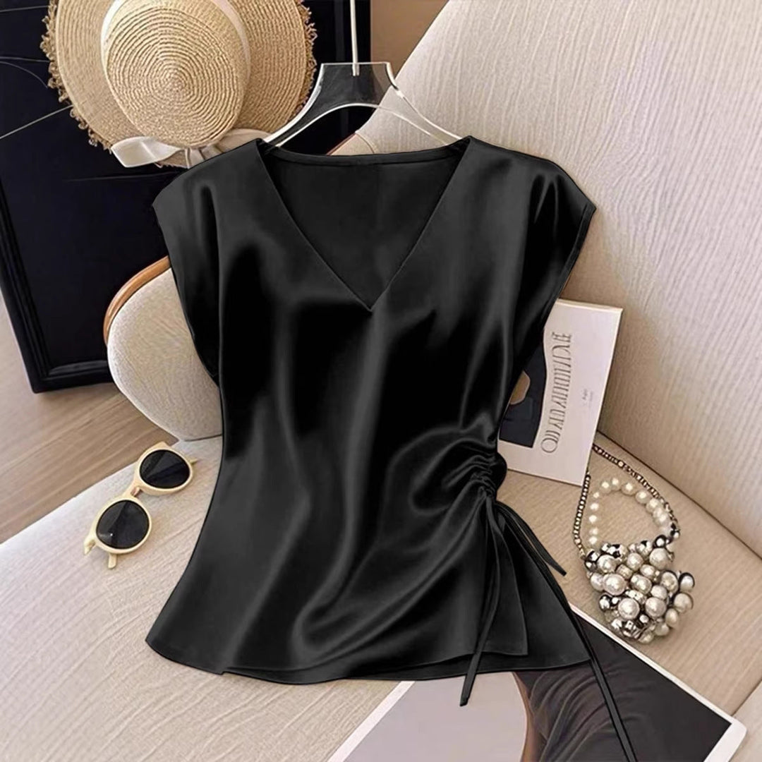 Damen Satinbluse mit seitlichem Kordelzug und V-Ausschnitt Drune