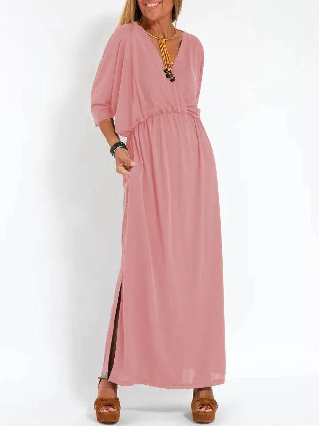 Damen Lässiges Maxikleid mit tiefem V-Ausschnitt und seitlichen Schlitzen Drune