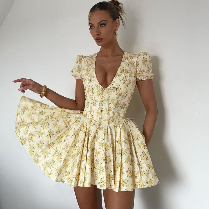 Damen Blümchen Minikleid mit tiefem V-Ausschnitt und verspieltem Schnitt Drune