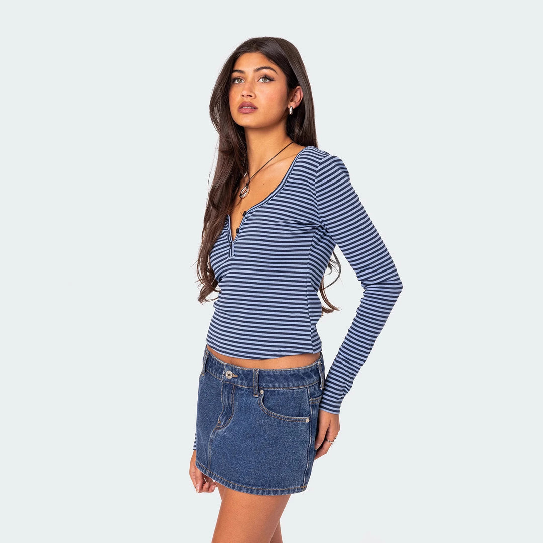 Damen Langarmshirt mit dehnbarem Streifenmuster und figurbetontem Schnitt Drune