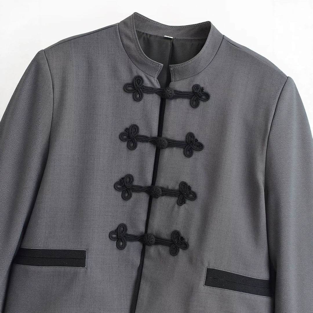 Damen Kurzjacke mit Mandarinkragen und dekorativen Knotenverschlüssen Drune