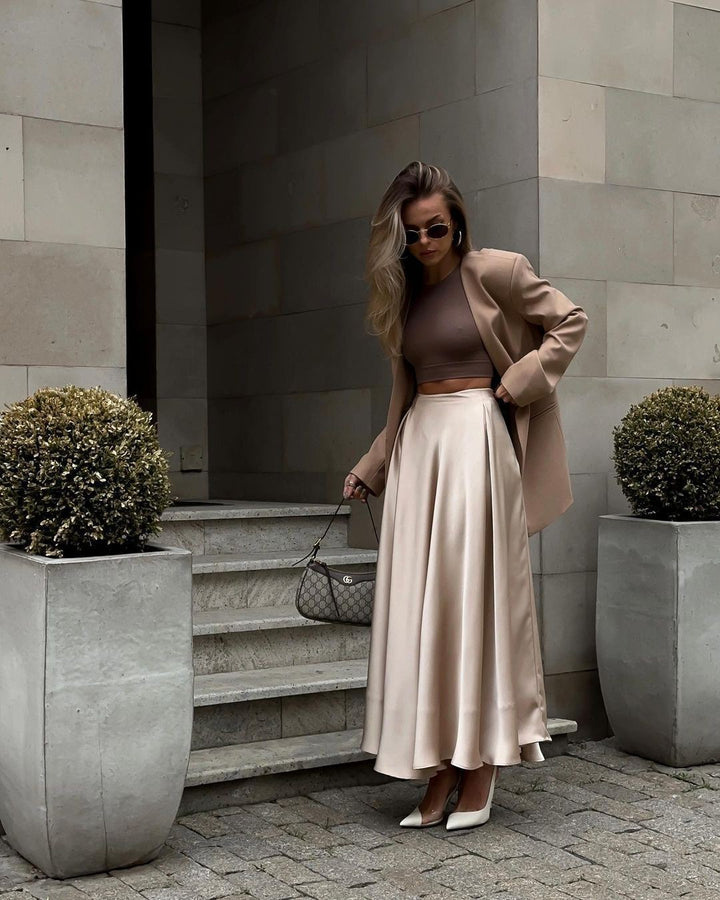 Damen Fließender Satin-Midirock mit hohem Bund und Tellerfalten Drune