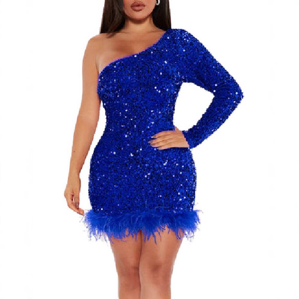 Damen Funkelndes Partykleid mit asymmetrischem Schnitt und Federdetails Drune