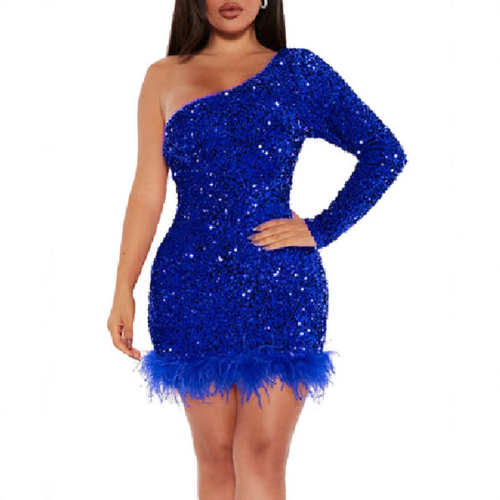 Damen Funkelndes Partykleid mit asymmetrischem Schnitt und Federdetails Drune