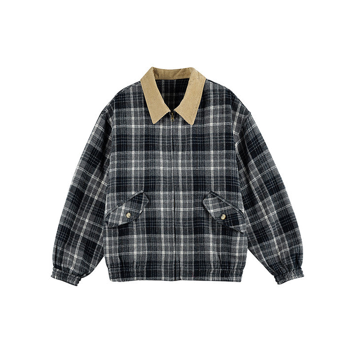 Unisex Kariertes Boxy-Überhemdjacke mit Cordkragen, verdecktem Reißverschluss und aufgesetzten Klappentaschen Drune