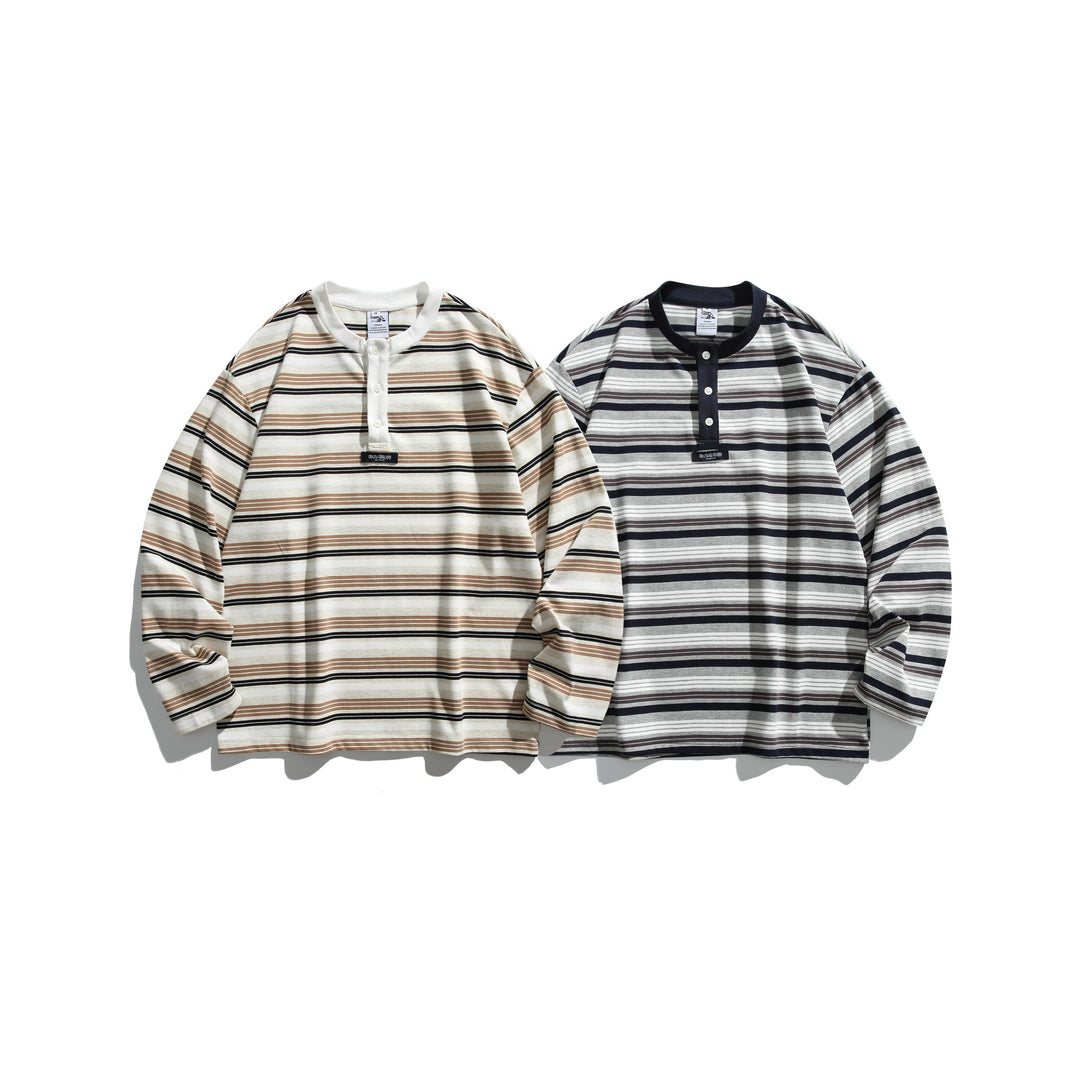 Unisex Oversize-Henleyshirt mit Knopfleiste, Streifenstruktur und geripptem Halsbund Drune