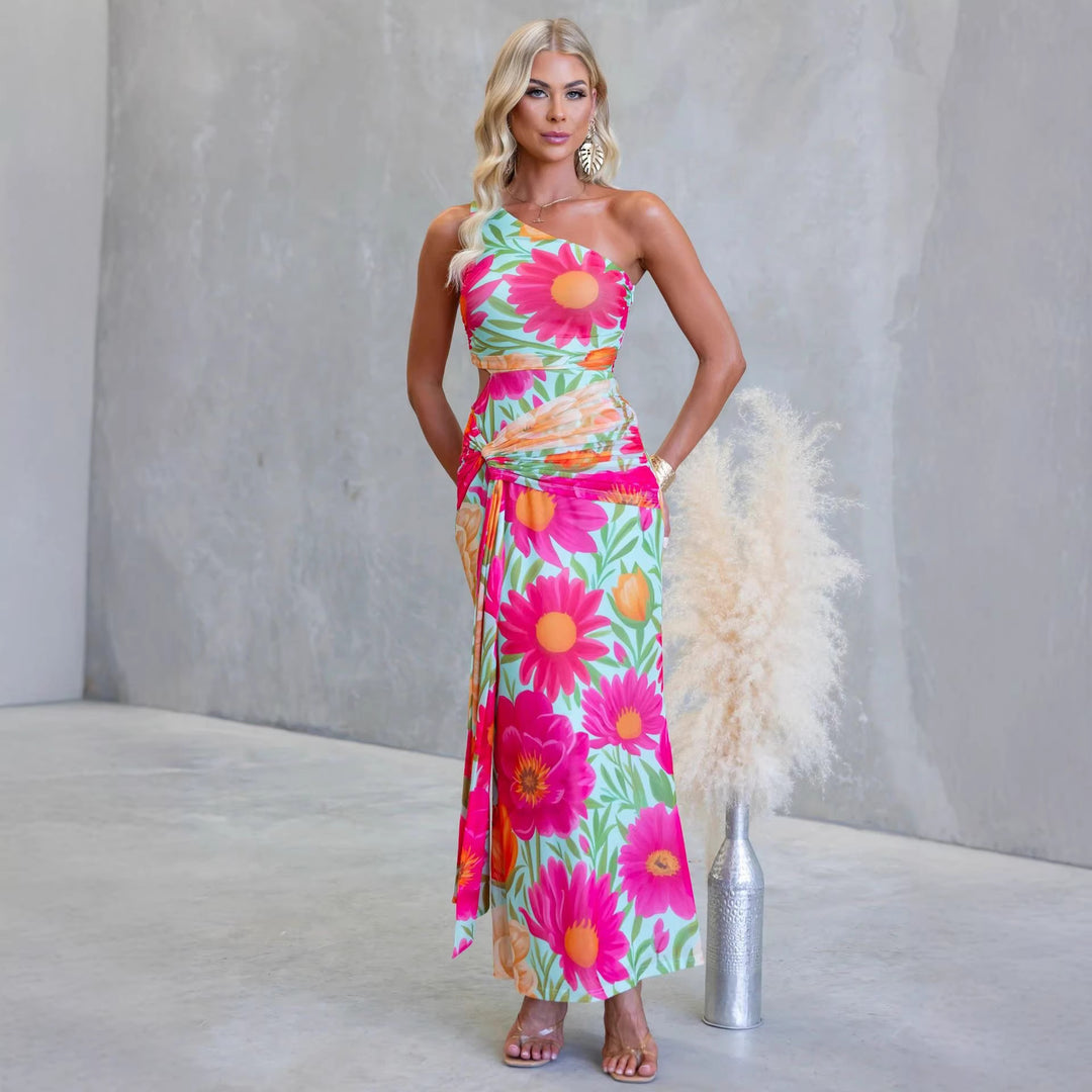 Damen Wickel-Maxikleid mit asymmetrischem Träger und floralen Akzenten Drune