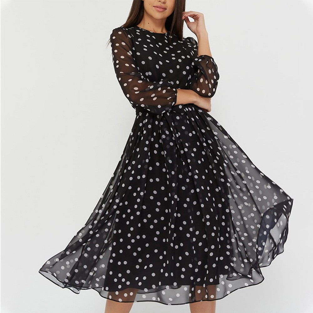 Damen Chiffonkleid mit transparenten Ärmeln und tailliertem Bindegürtel Drune
