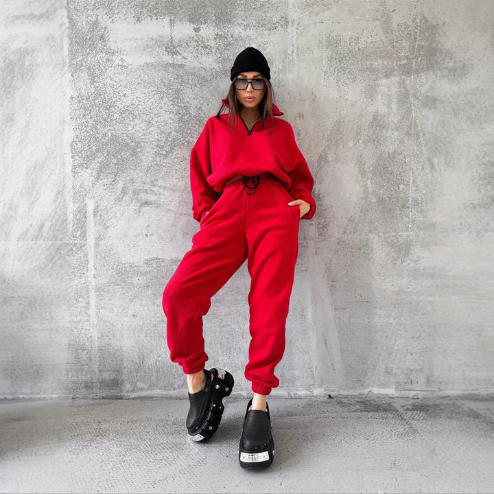 Damen kuscheliger Fleece-Jogginganzug mit Stehkragen und Kordelzug Drune