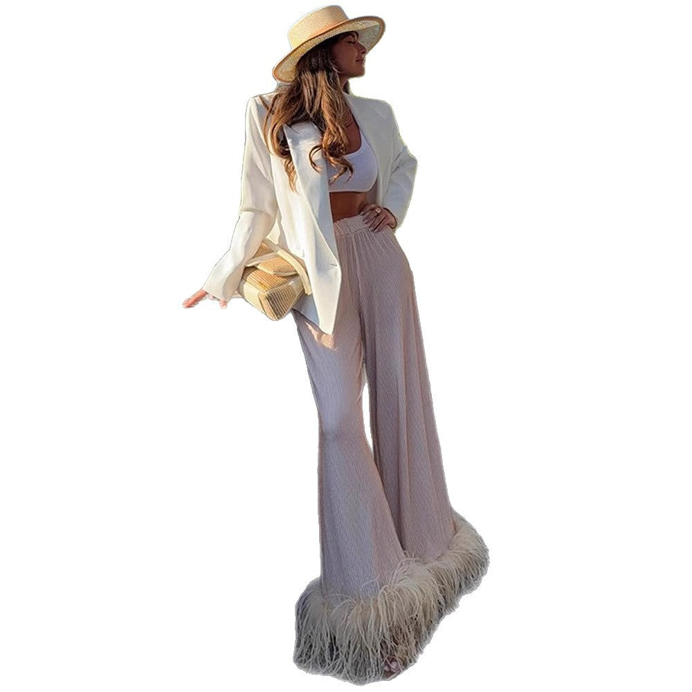 Damen Plissierte Palazzohose mit weitem Bein & Federbesatz Drune