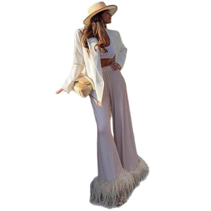Damen Plissierte Palazzohose mit weitem Bein & Federbesatz Drune