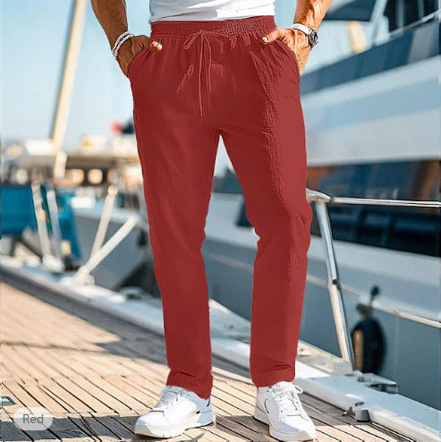 Herren lässige Leinenmisch-Joggerhose mit Kordelzug, angeschrägten Eingrifftaschen und schmalem Knöchelabschluss Drune