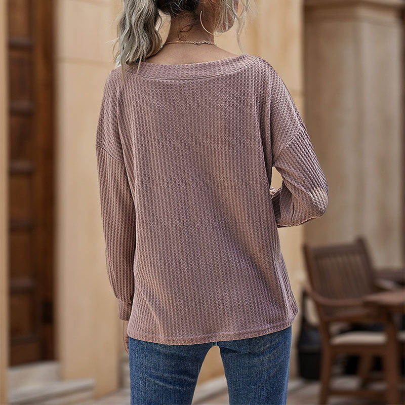 Damen Waffelstrick-Longsleeve mit V-Ausschnitt und überschnittener Schulter Drune