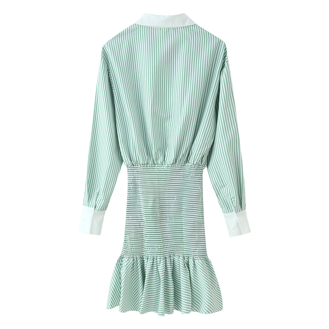 Damen Gestreiftes Hemdblusenkleid mit Taillen-Smokung, Schößchen und Kontrastkragen Drune