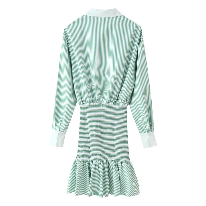 Damen Gestreiftes Hemdblusenkleid mit Taillen-Smokung, Schößchen und Kontrastkragen Drune