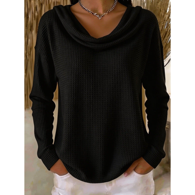 Damen Lässiger Waffelstrick-Pullover mit weitem Wasserfallkragen und gerundetem Saum Drune