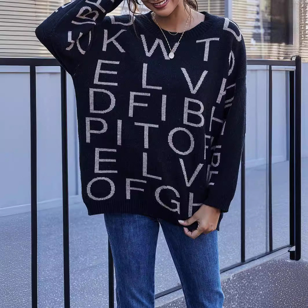 Damen Lässiger Oversized Pullover mit einem kreativen Schriftzug Drune