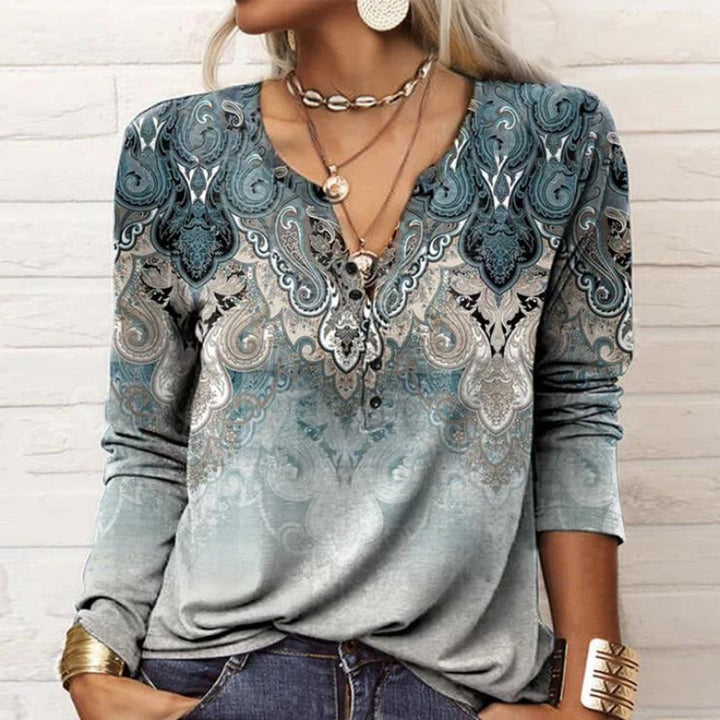 Damen Lockeres Langarm‑Henleyshirt mit V‑Ausschnitt, Knopfleiste und Ombre‑Print Drune