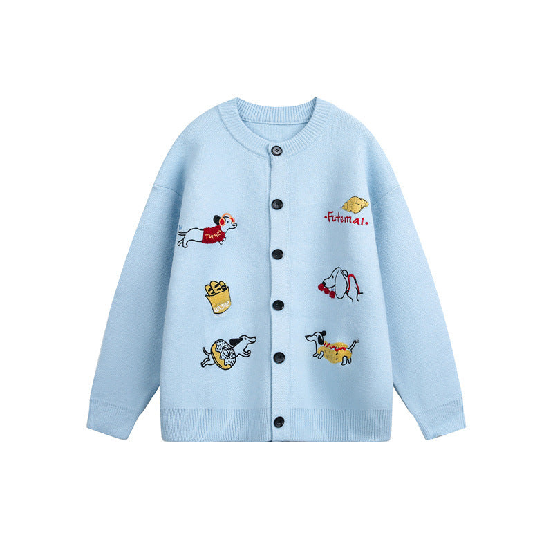 Damen Gestrickte Oversize-Cardigan mit verspielten Hunde-Stickereien Drune