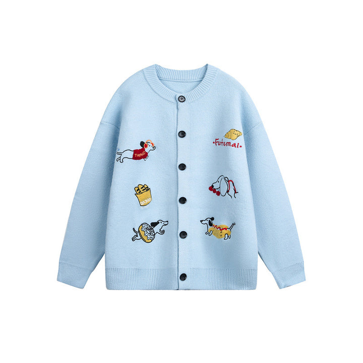 Damen Gestrickte Oversize-Cardigan mit verspielten Hunde-Stickereien Drune