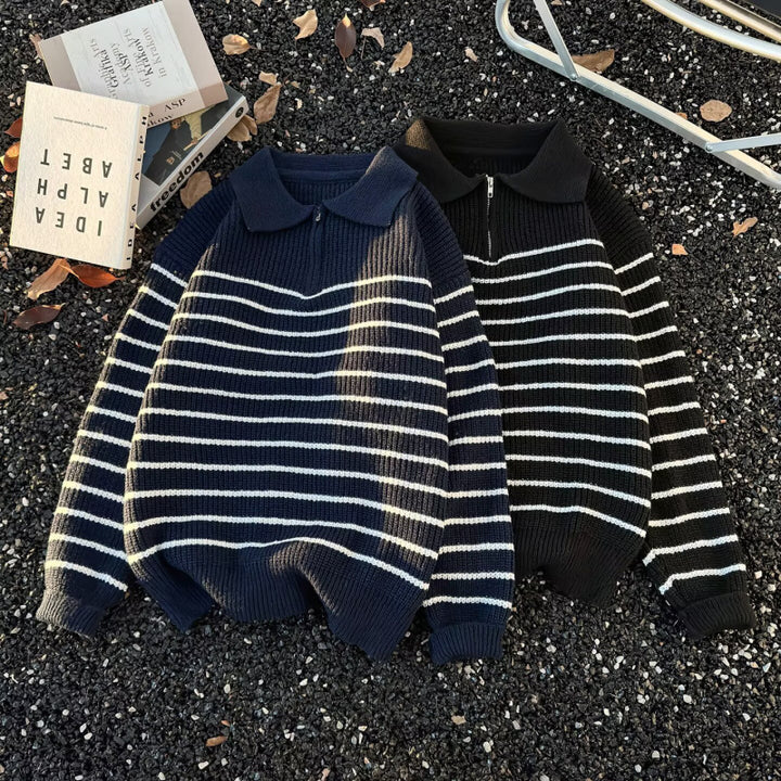 Unisex Grobgestrickter Oversize-Pullover mit halbem Reißverschluss und Polokragen Drune