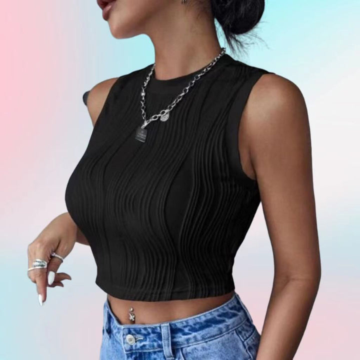 Damen Crop-Top mit strukturierter Oberfläche und hohem Hals Drune