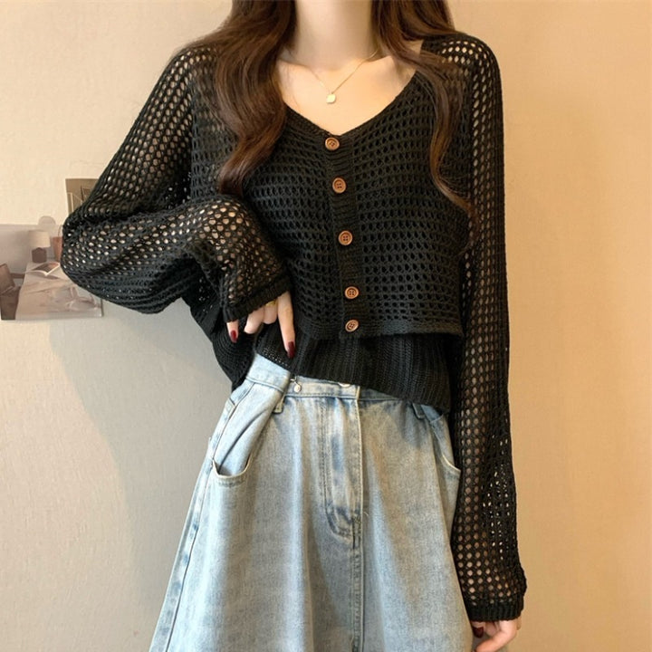 Damen lässige Strickjacke mit Netzmuster und Knopfverschluss Drune