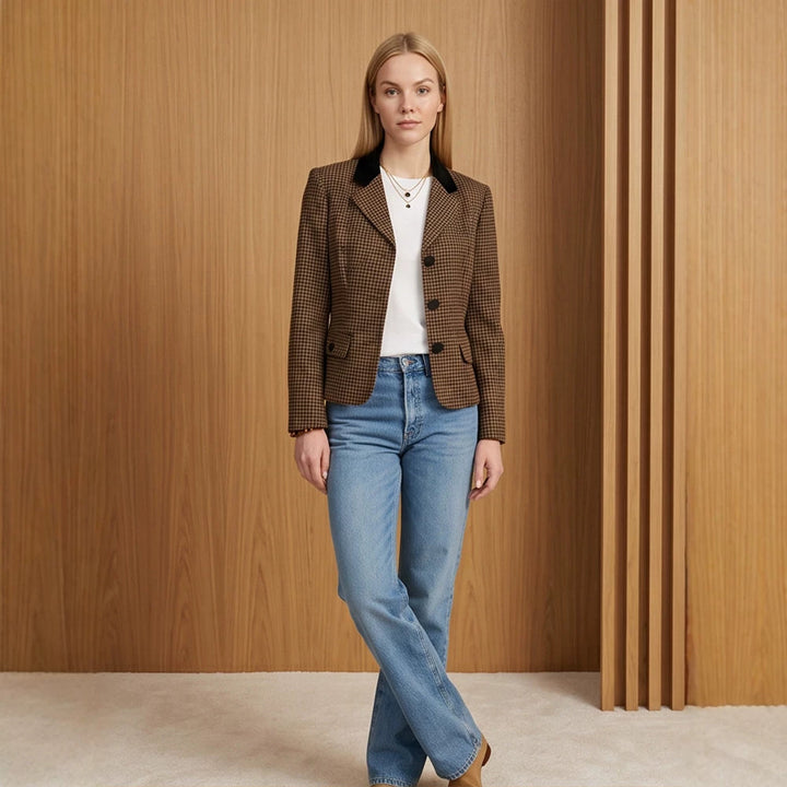 Damen Taillierter Hahnentritt-Blazer mit Samtkragen und Zweiknopfleiste Drune