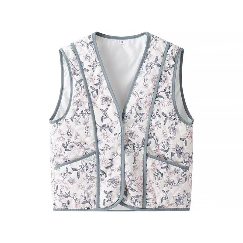 Damen nan leichte gesteppte V-Neck-Weste mit floralem Allover-Print, kontrastierender Paspel und praktischen Eingrifftaschen Drune