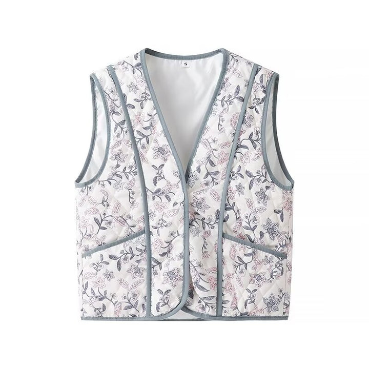 Damen nan leichte gesteppte V-Neck-Weste mit floralem Allover-Print, kontrastierender Paspel und praktischen Eingrifftaschen Drune