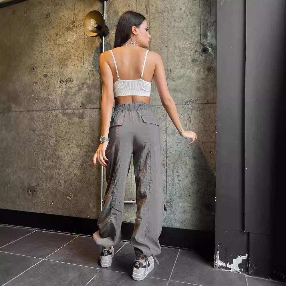Damen Cargo-Haremshose mit hoher elastischer Taille und aufgesetzten Klappentaschen Drune