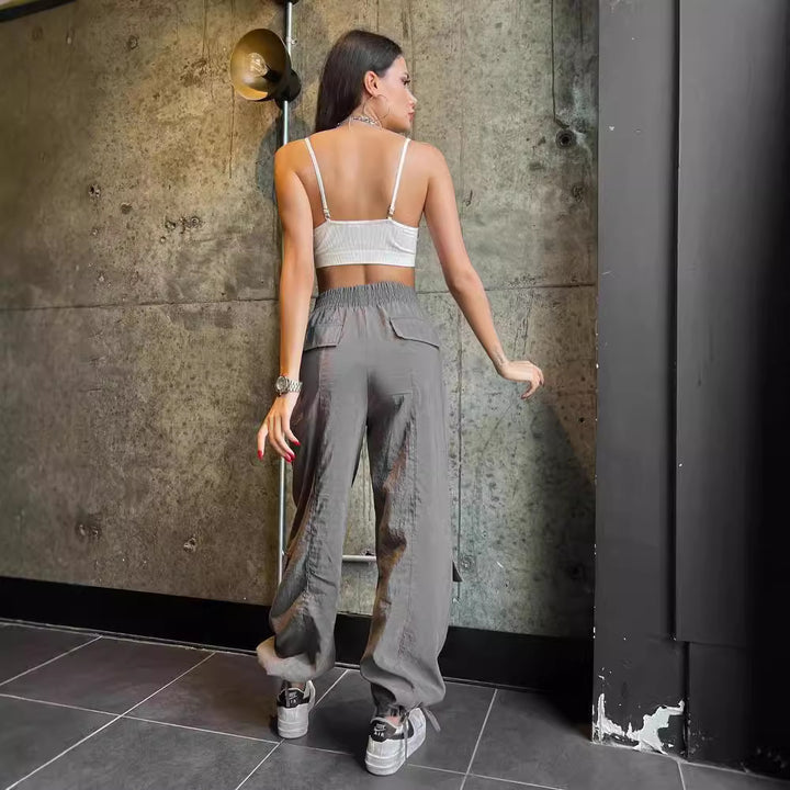 Damen Cargo-Haremshose mit hoher elastischer Taille und aufgesetzten Klappentaschen Drune