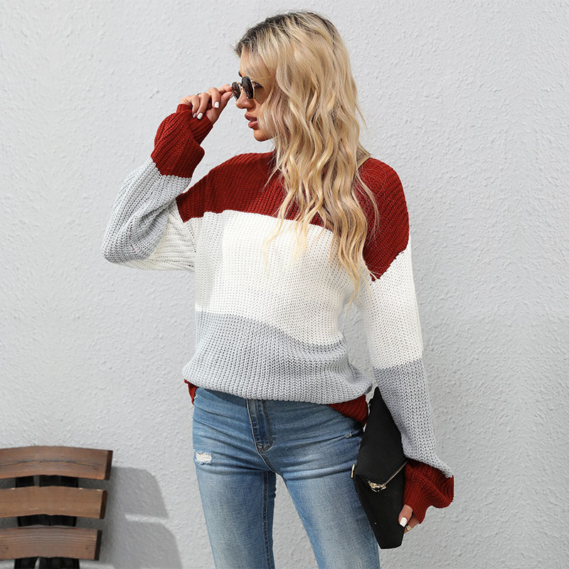 Damen Modischer Strickpullover mit hohem Kragen und Blockstreifen Drune