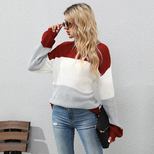 Damen Modischer Strickpullover mit hohem Kragen und Blockstreifen Drune