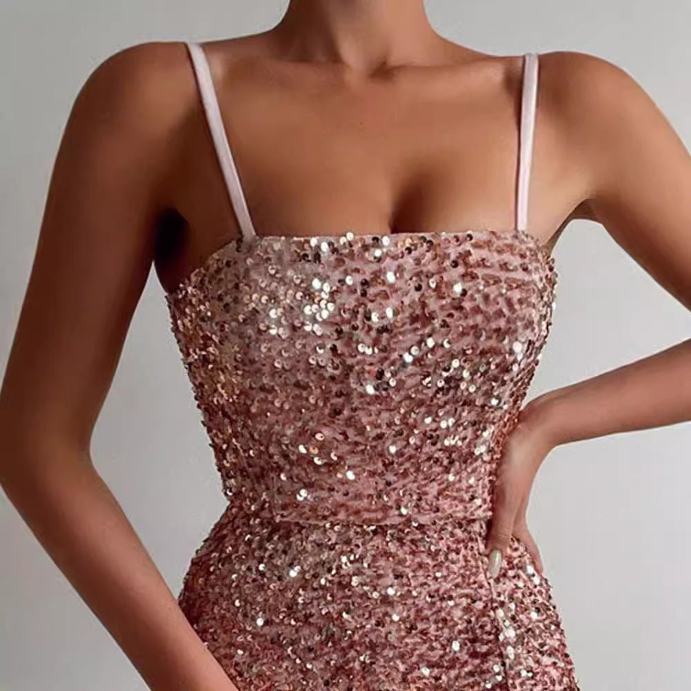 Damen Glitzerndes Minikleid mit schulterfreiem Design und seitlichem Schlitz Drune