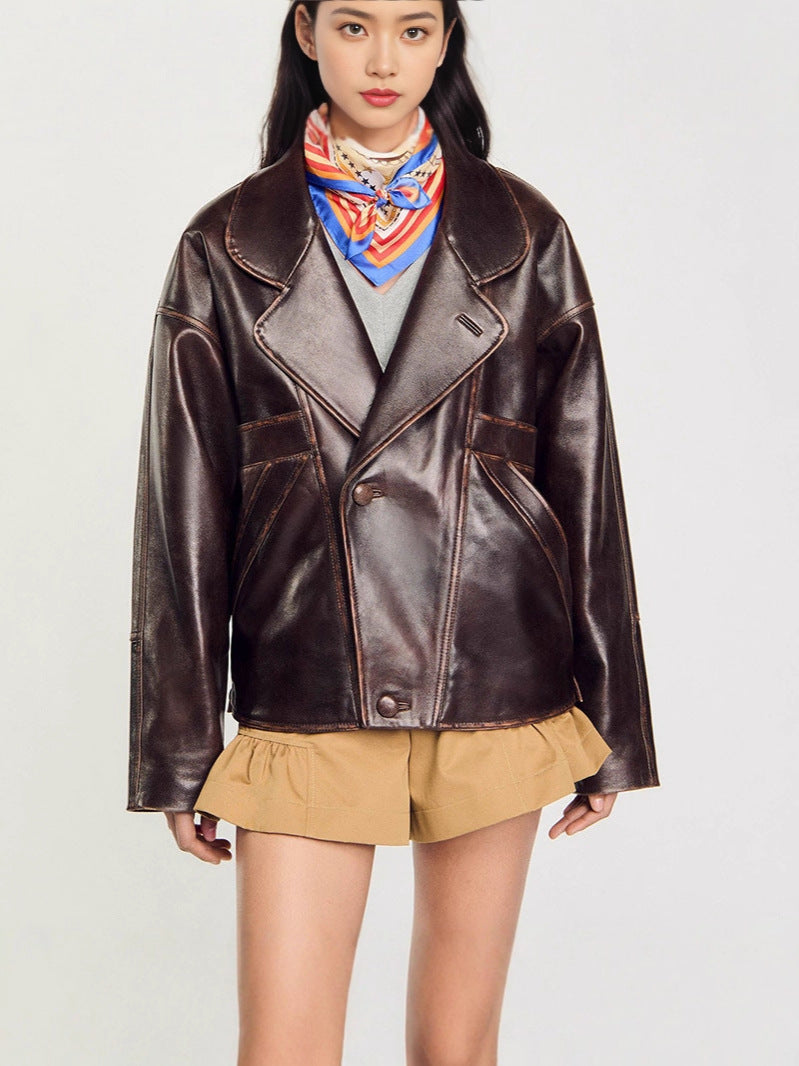 Damen Kunstlederjacke im lässigen Schnitt mit praktischen Taschen und stilvollem Revers Drune