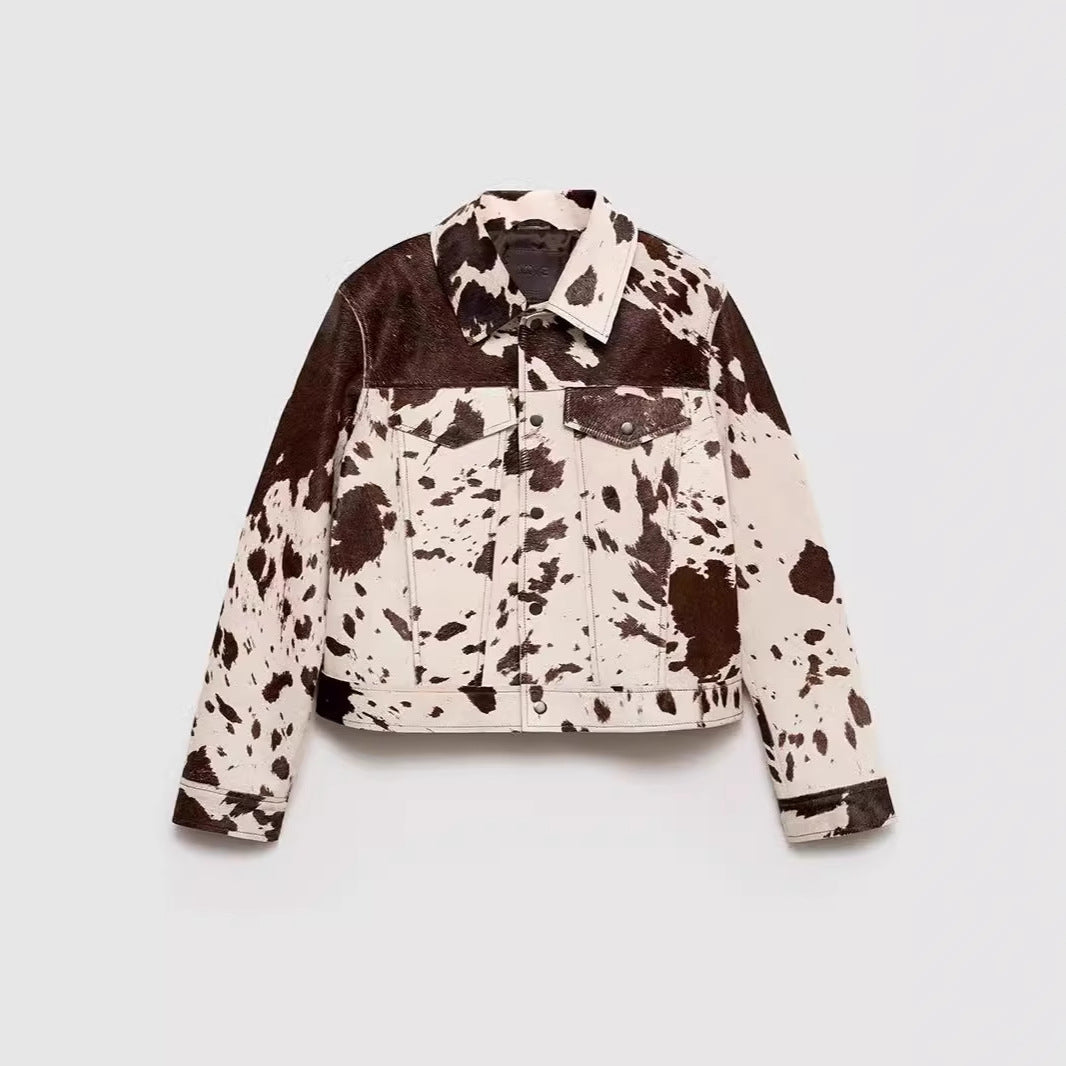 Damen modische Lammfelljacke mit auffälligem Tiermotiv Drune