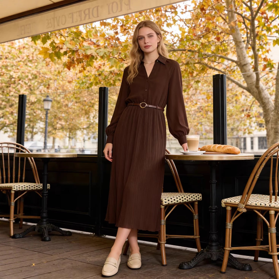 Damen Plissiertes Hemdkleid mit Ballonärmeln, verdeckter Knopfleiste und Taillengürtel Drune