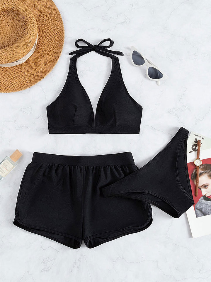 Damen Sportliches Bikini-Set mit hochgeschlossenem Oberteil und lässigen Shorts Drune