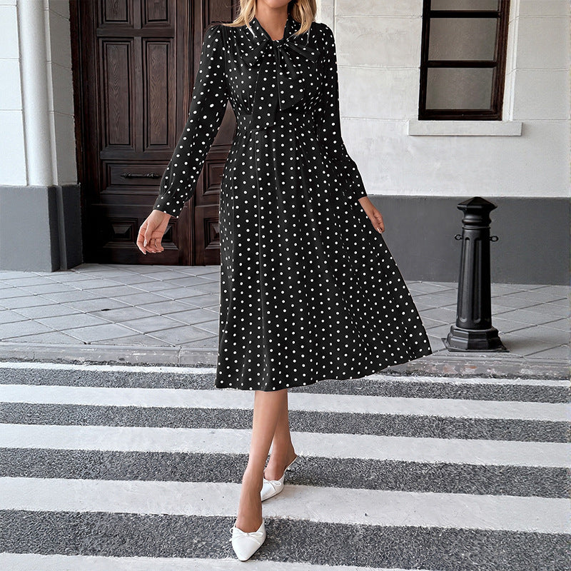Damen Midi Kleid mit Schleifenkragen und Punkten Drune