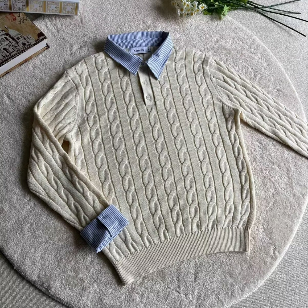 Damen Modischer Grobstrickpullover mit attraktivem Hemdkragen Drune