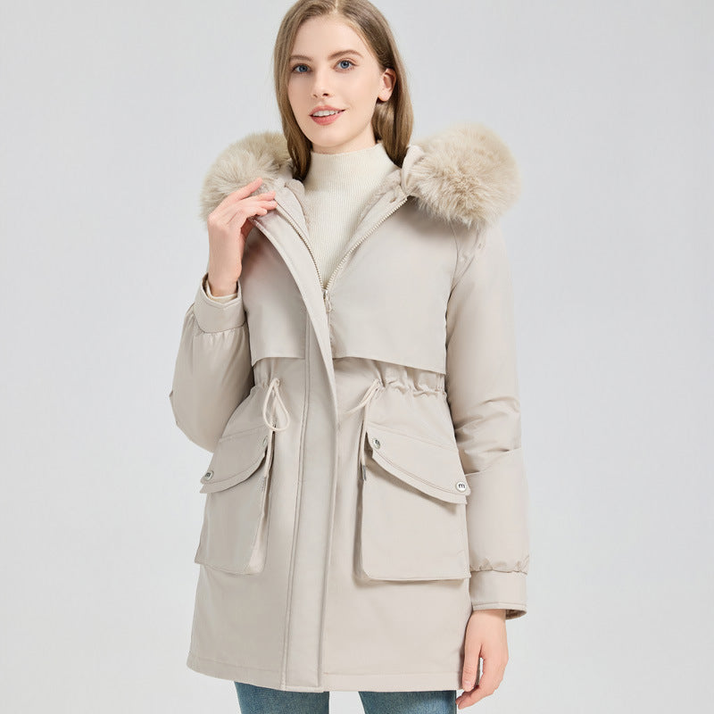 Damen Modische Pufferjacke mit abnehmbarem Kunstpelzkragen und funktionalen Taschen Drune