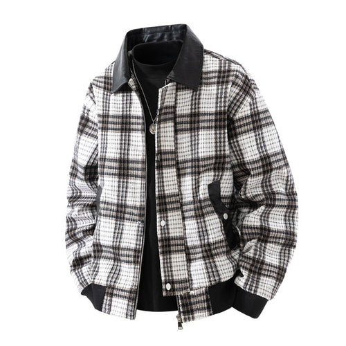 Herren karierte Overshirt-Jacke mit Kunstlederkragen, gefüttertem Innenfutter und elastischen Bündchen Drune