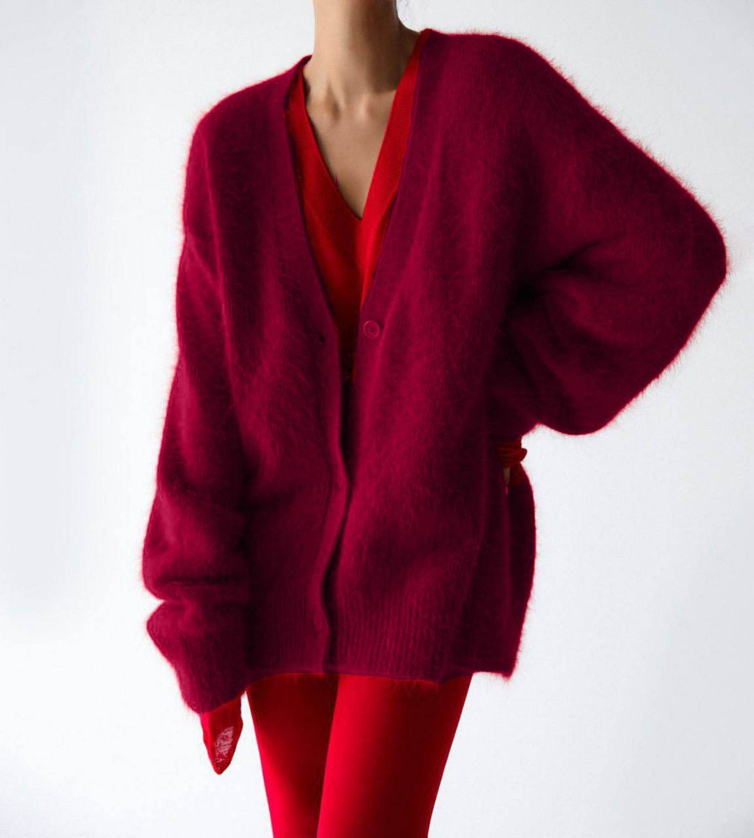 Damen Flauschige Mohair-Optik Strickjacke mit V-Ausschnitt und Oversize-Schnitt Drune