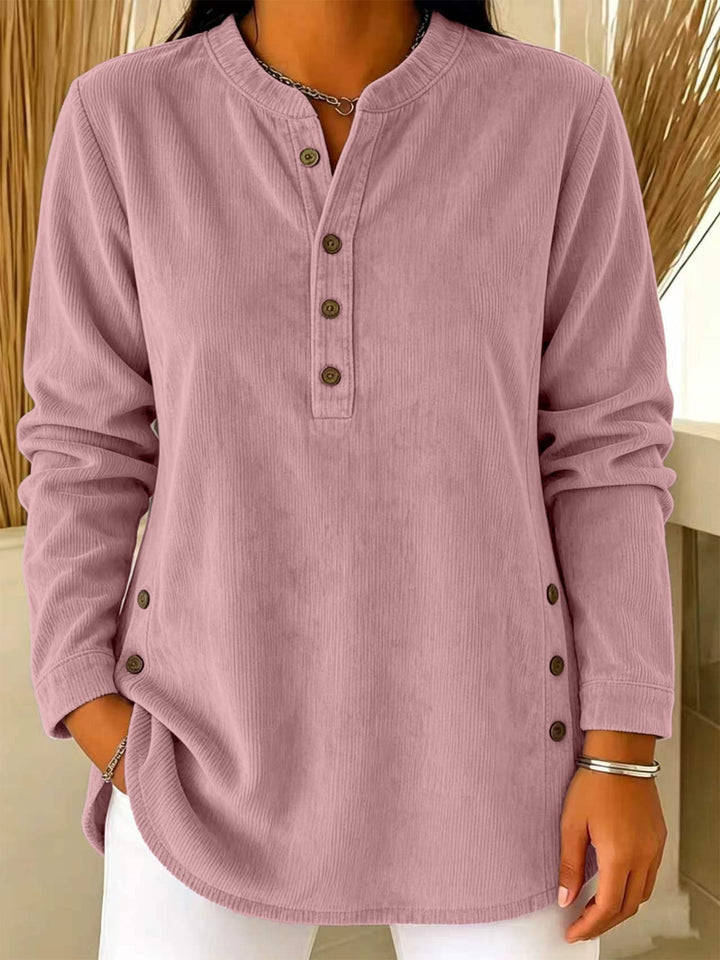 Damen Lässige Cordoptik‑Tunika mit Henley‑Kragen und Seitenknöpfen Drune