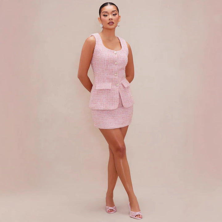 Damen Tweed Mini-Kleid mit zeitlosen Knopfdetails und eleganter Silhouette Drune