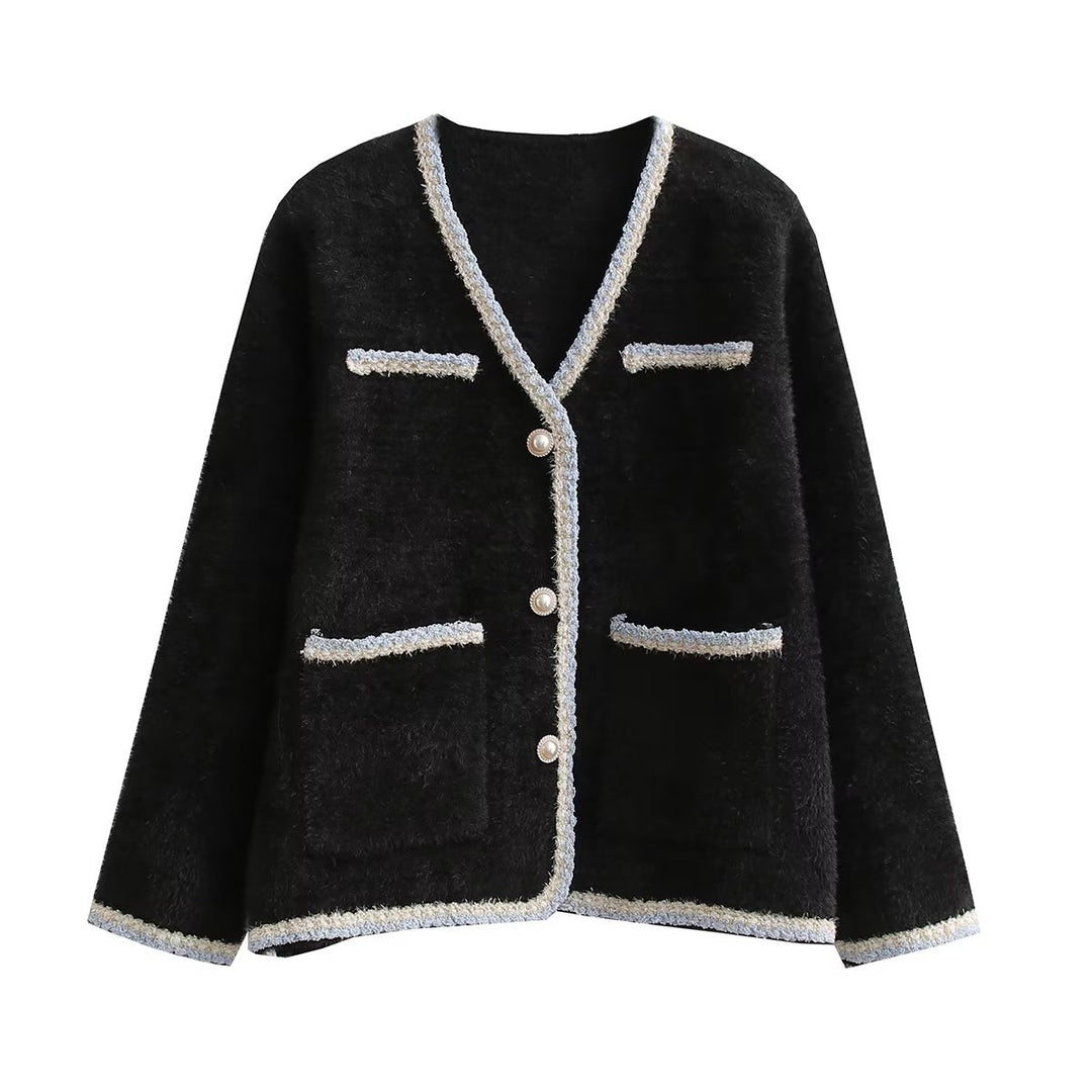 Damen elegante Strickjacke mit dekorativen Perlenknöpfen und praktischen Taschen Drune