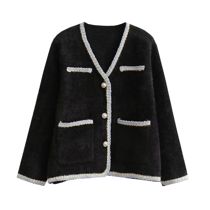 Damen elegante Strickjacke mit dekorativen Perlenknöpfen und praktischen Taschen Drune